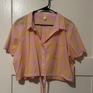 BP Pink and Yellow Plaid Button Down Crop Top